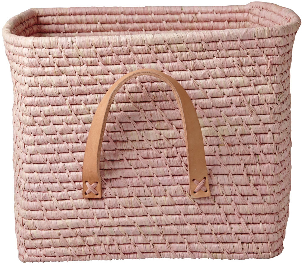 RICE kleiner Raffia-Korb mit Leder-Griffen Rosé