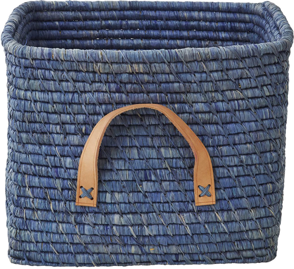 RICE kleiner Raffia-Korb mit Leder-Griffen Blau