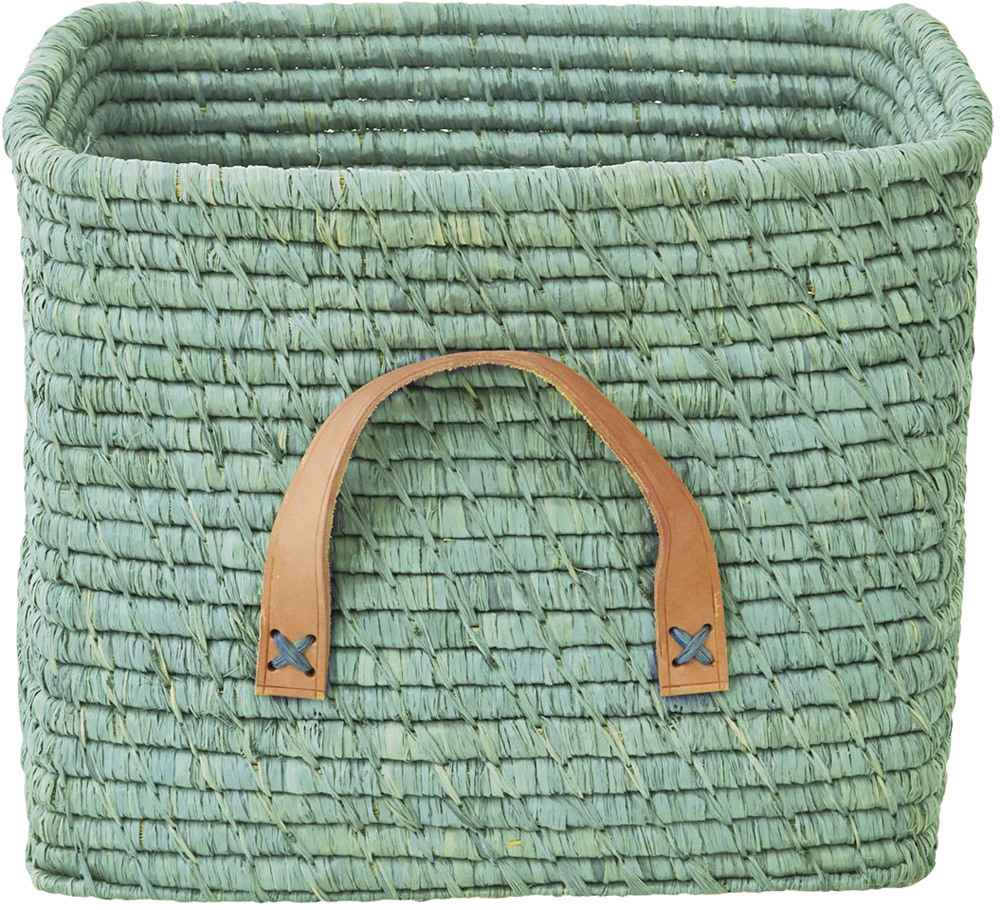 RICE kleiner Raffia-Korb mit Leder-Griffen Mint