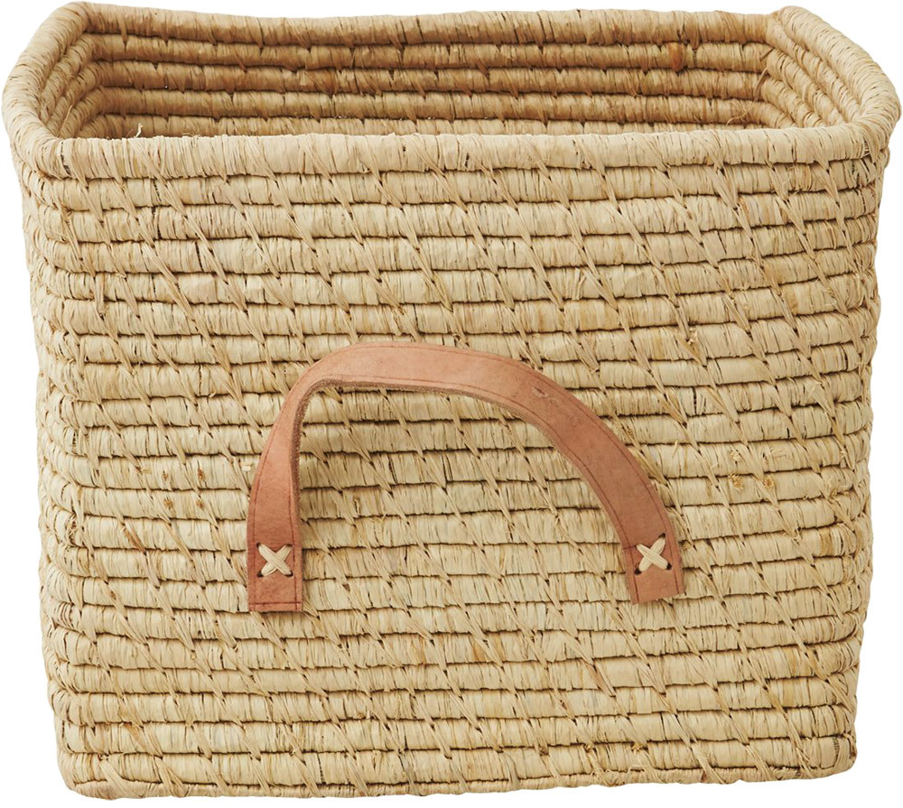 RICE kleiner Raffia-Korb mit Leder-Griffen Natural